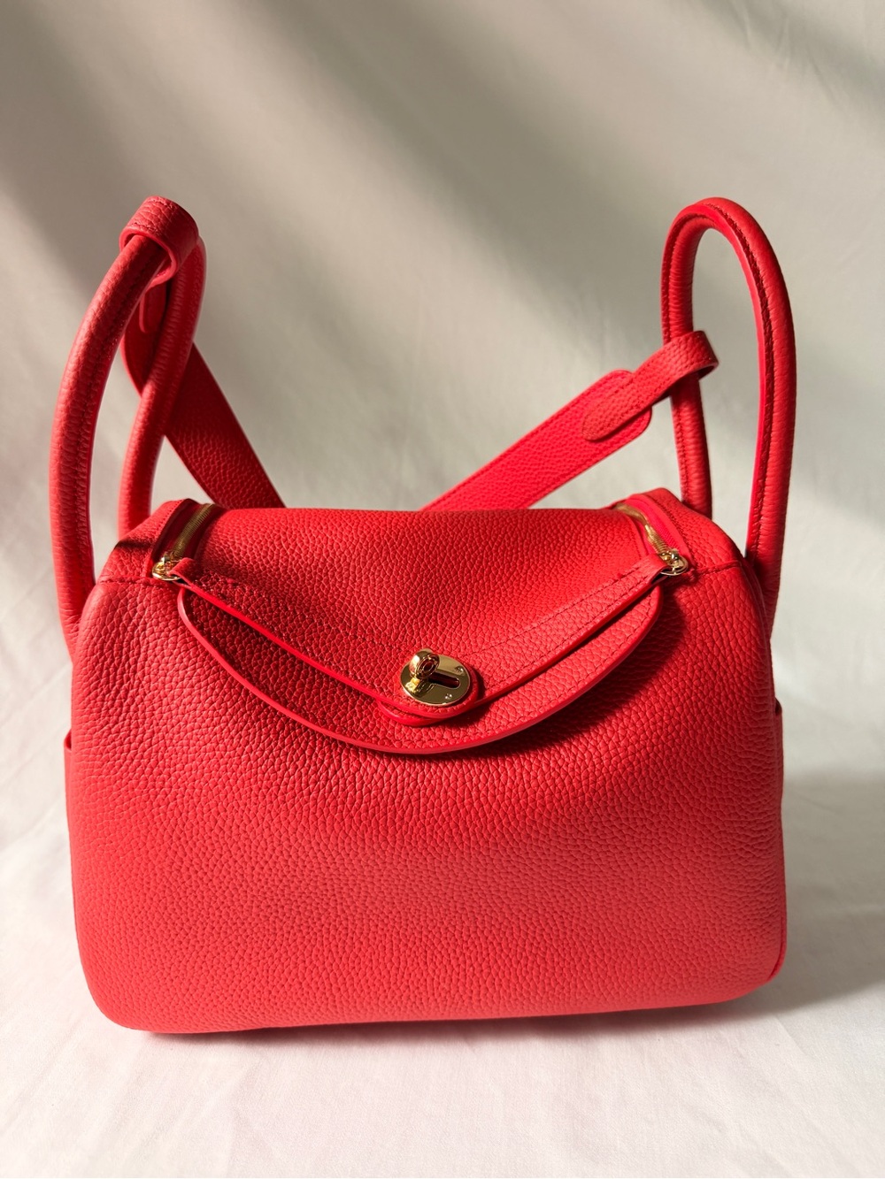 Structured Red Leather Shoulder Bag with Gold-Tone Hardware